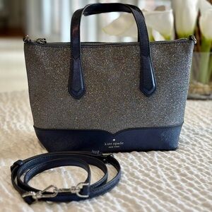 Kate Spade New York Lola Glitter Small Satchel GUC Silver & Navy Crisp Cute Read